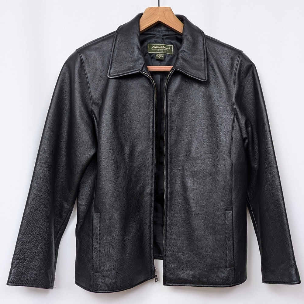 Eddie Bauer Leather Jacket Full Zip Buckle Straps Lined Classic Y2K Black Large